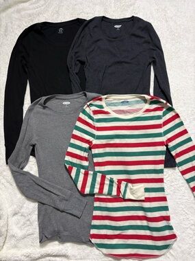 Long-Sleeve Thermal Crew Neck Tops — Black, Charcoal, Gray & Red/Green Stripe